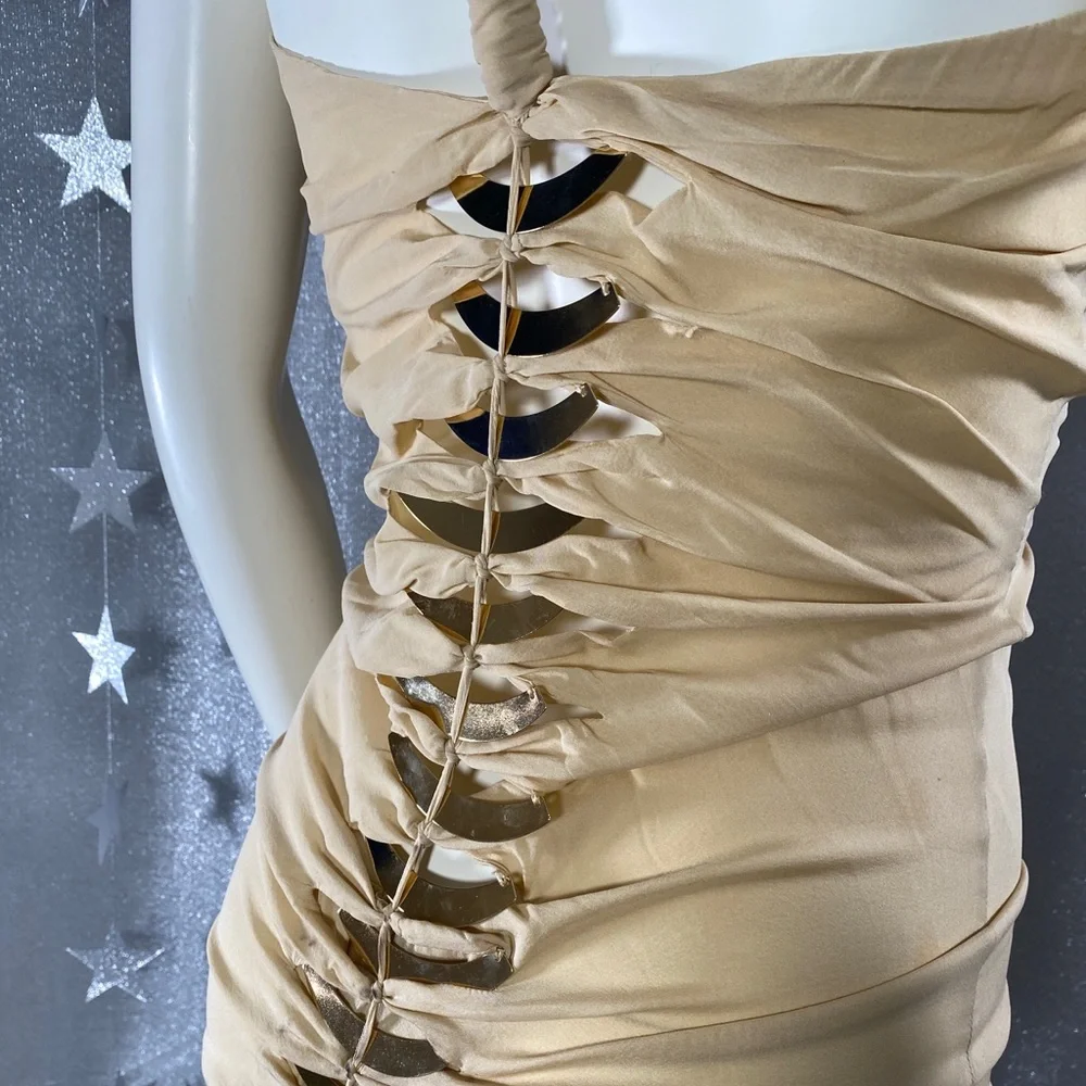 ✨HP✨AUTH GUCCI NUDE Tom Ford Twist Skin Silks Gold Blades Sexy Runway Dress 40 - Picture 14 of 17